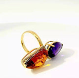 Moderner Cocktailring in 14 Karat Gelbgold mit feinen Brillanten, Amethyst & Citrin