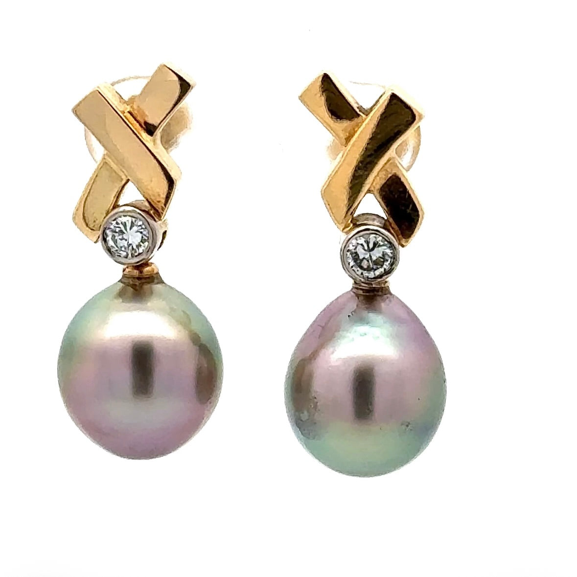 Elegante Ohrringe in 18 Karat Gelbgold mit Tahitiperlen und Brillanten in Handarbeit