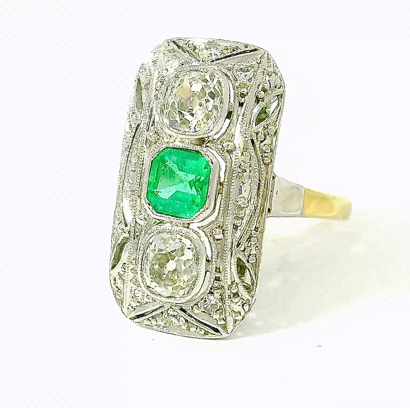 Art Deco Ring in 14 Karat Gelb- & Weißgold mit Smaragd & Diamanten