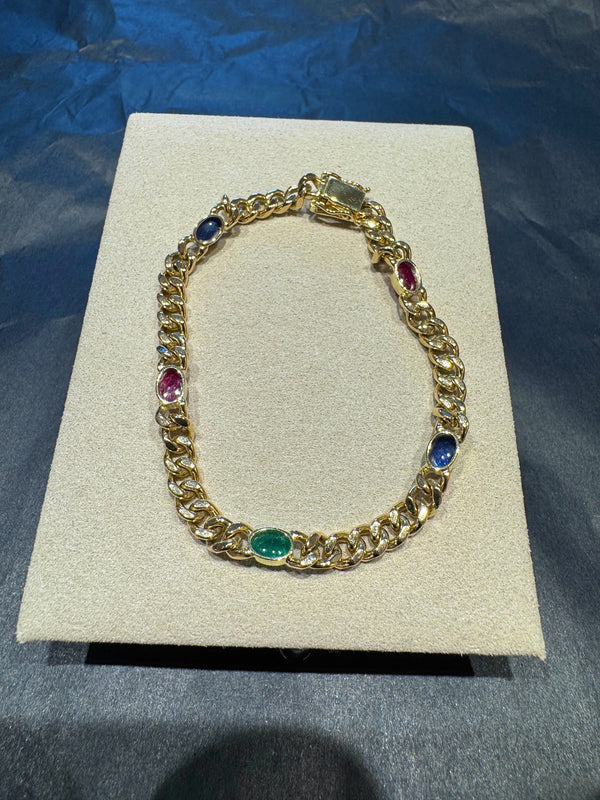 Zeitloses Armband in 14 Karat Gelbgold mit Saphiren, Rubinen und Smaragd