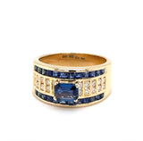 Ausgefallener Ring in 18 Karat Gelbgold mit leuchtend blauen Saphiren und Brillanten