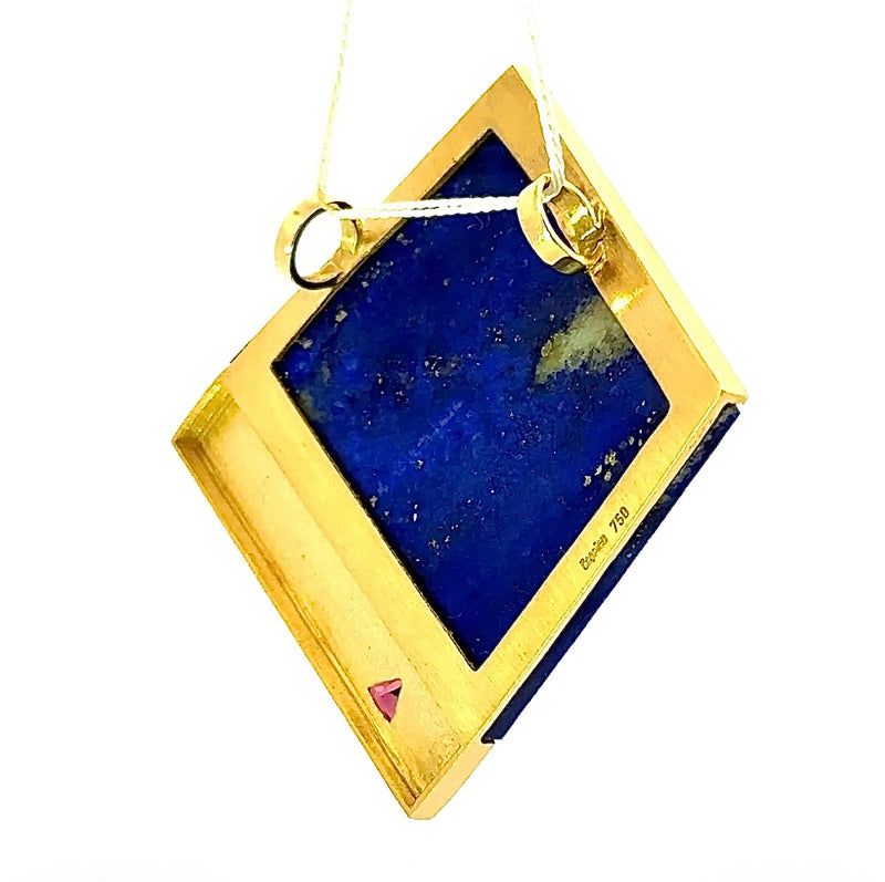 Einmaliger Anhänger in 18 Karat Gelbgold mit Lapis Lazuli und rosa Turmalin