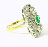 Art Deco Ring in 14 Karat Gelb- & Weißgold mit Smaragd & Diamanten