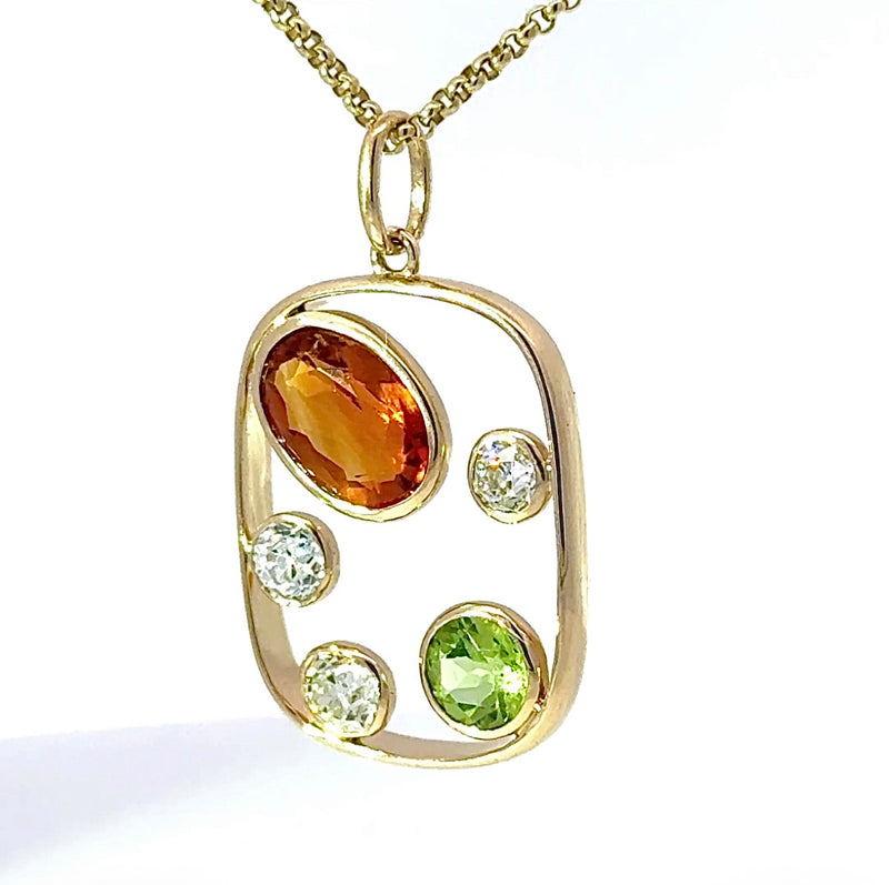 Ausgefallener Peridot / Citrin Anhänger in 14 Karat Gelbgold mit großen Diamanten