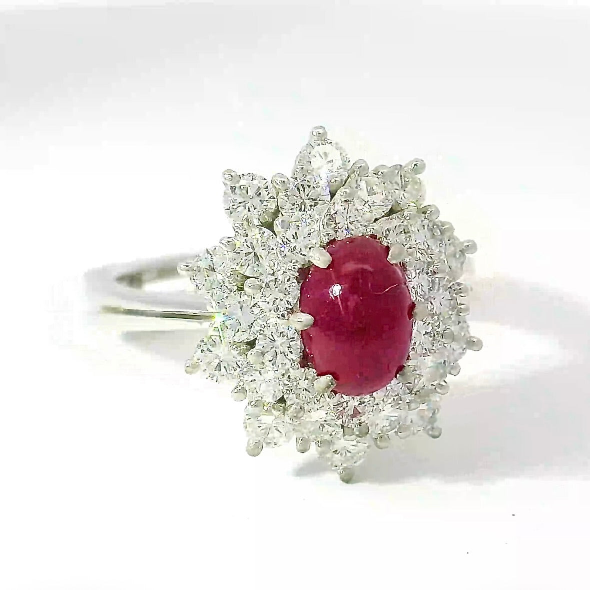 High-Quality Entourage Ring in 18 Karat White Gold with Ruby Cabochon & Brilliants
