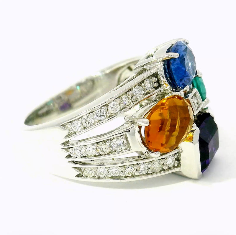 Cocktailring in 14 Karat Weißgold mit Saphir, Turmalin, Citrin, Amethyst & Brillanten