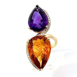 Moderner Cocktailring in 14 Karat Gelbgold mit feinen Brillanten, Amethyst & Citrin