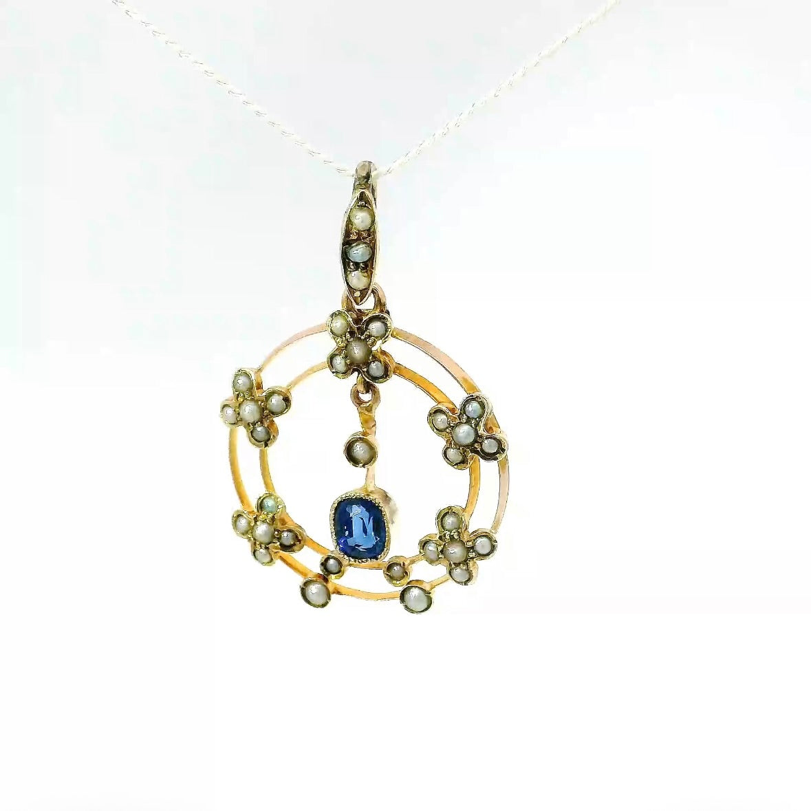 Antiker edwardianischer Anhänger in 14 Karat Roségold mit Saphir & Naturperlen