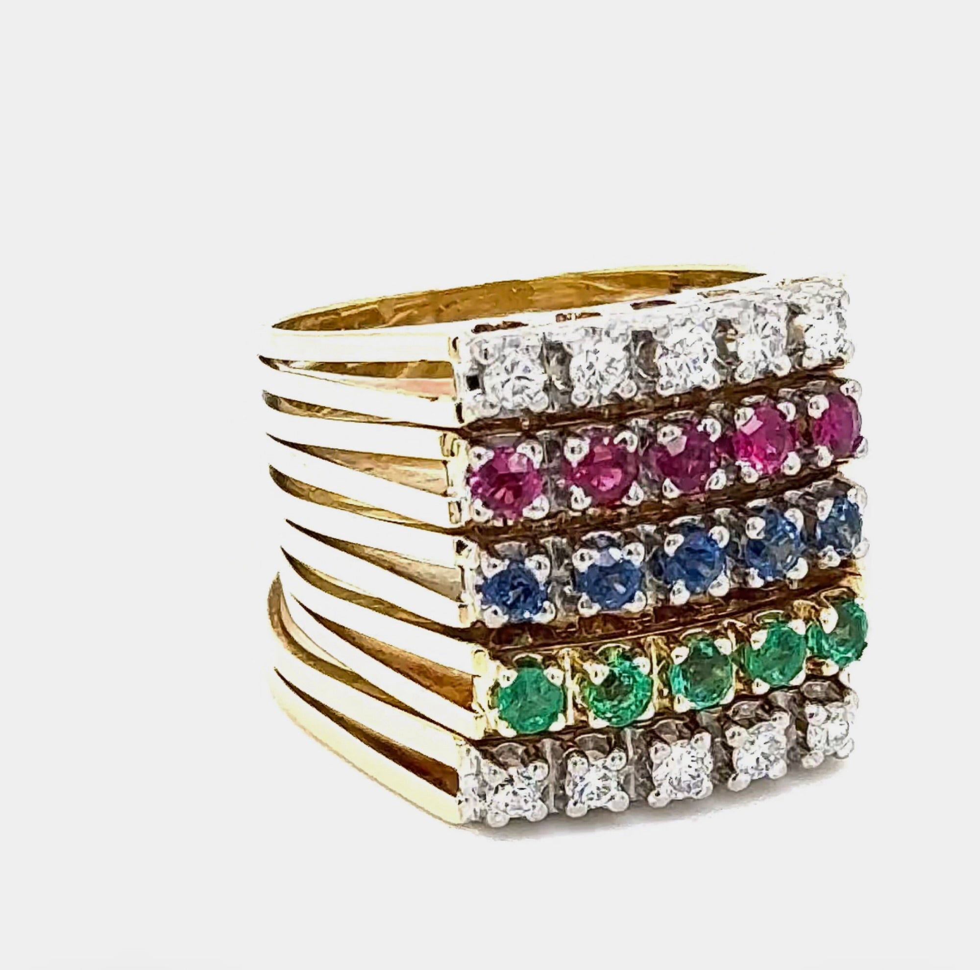 Breiter Halbmemory Ring in 14 Karat Gelbgold mit Saphir, Rubin, Smaragd & Brillanten