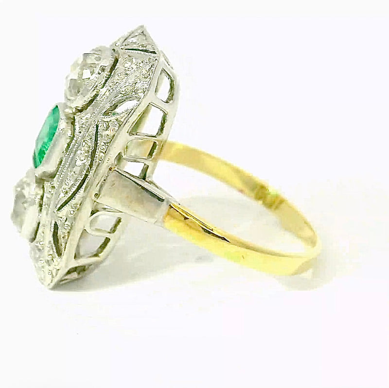 Art Deco Ring in 14 Karat Gelb- & Weißgold mit Smaragd & Diamanten