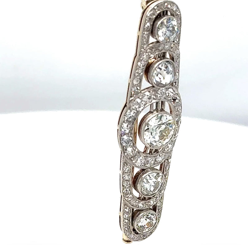 Eindrucksvolle Art-Deco Brosche in 14 Karat Gold mit großen Altschliff Diamanten