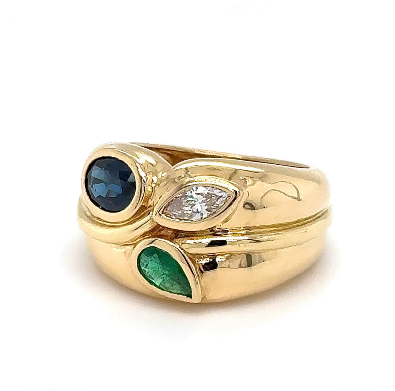 Massiver Ring in 18 Karat Gelbgold mit Smaragd, Saphir und Brillant