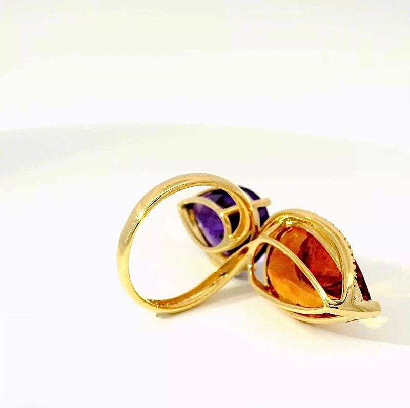 Moderner Cocktailring in 14 Karat Gelbgold mit feinen Brillanten, Amethyst & Citrin