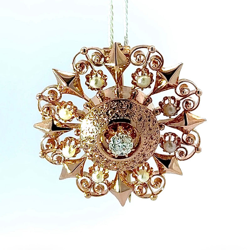 Art Déco Brosche in 14 Karat Roségold mit Altschliff-Diamant & Naturperlen