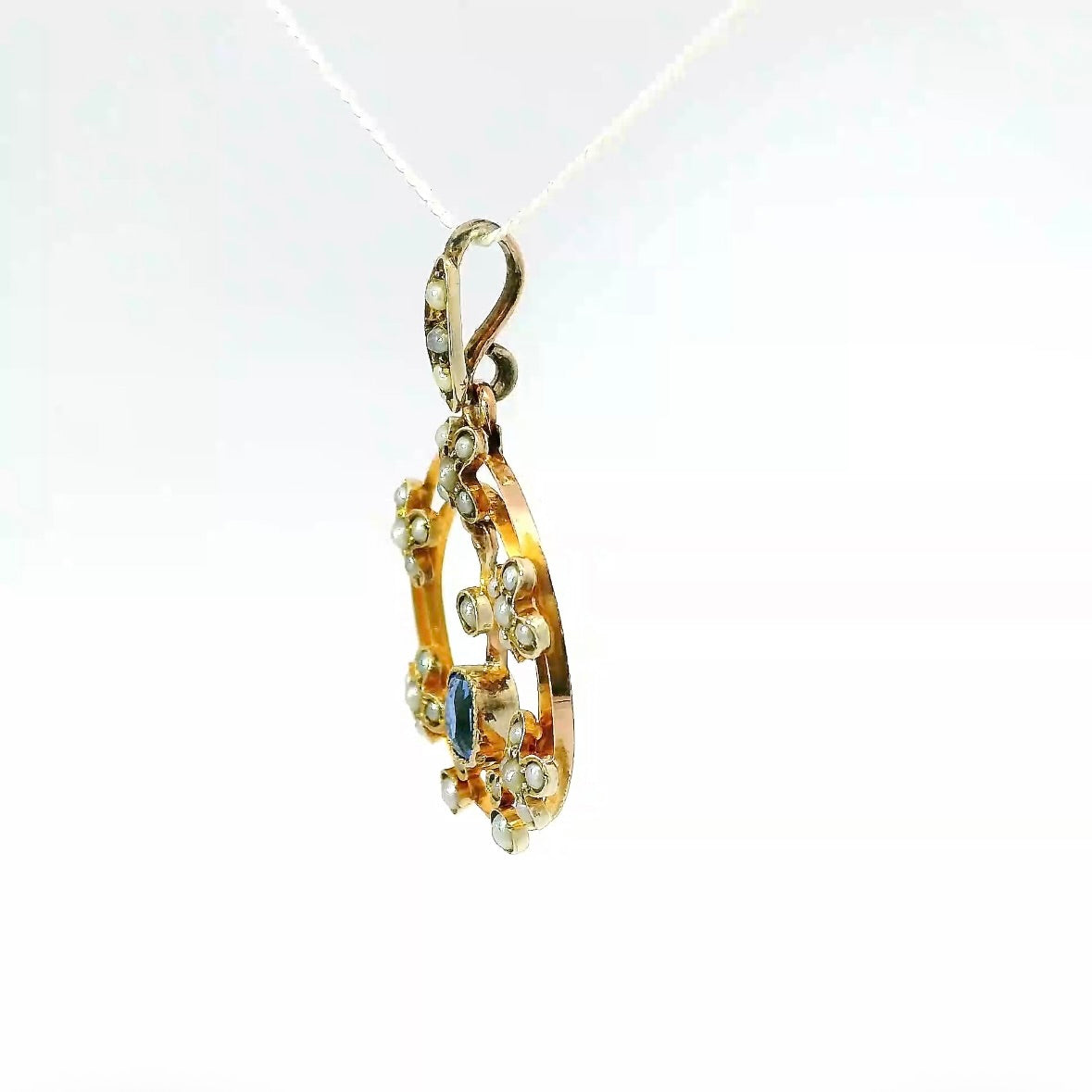 Antiker edwardianischer Anhänger in 14 Karat Roségold mit Saphir & Naturperlen