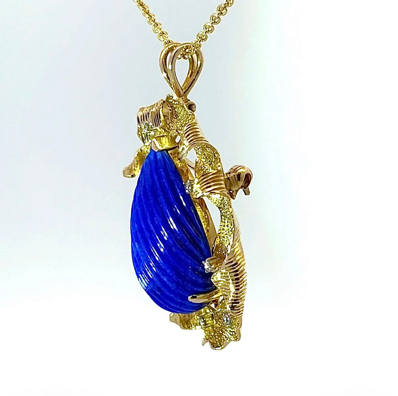 Einmaliger Anhänger/Brosche in 14 Karat Gelbgold mit Lapis Lazuli & Brillanten