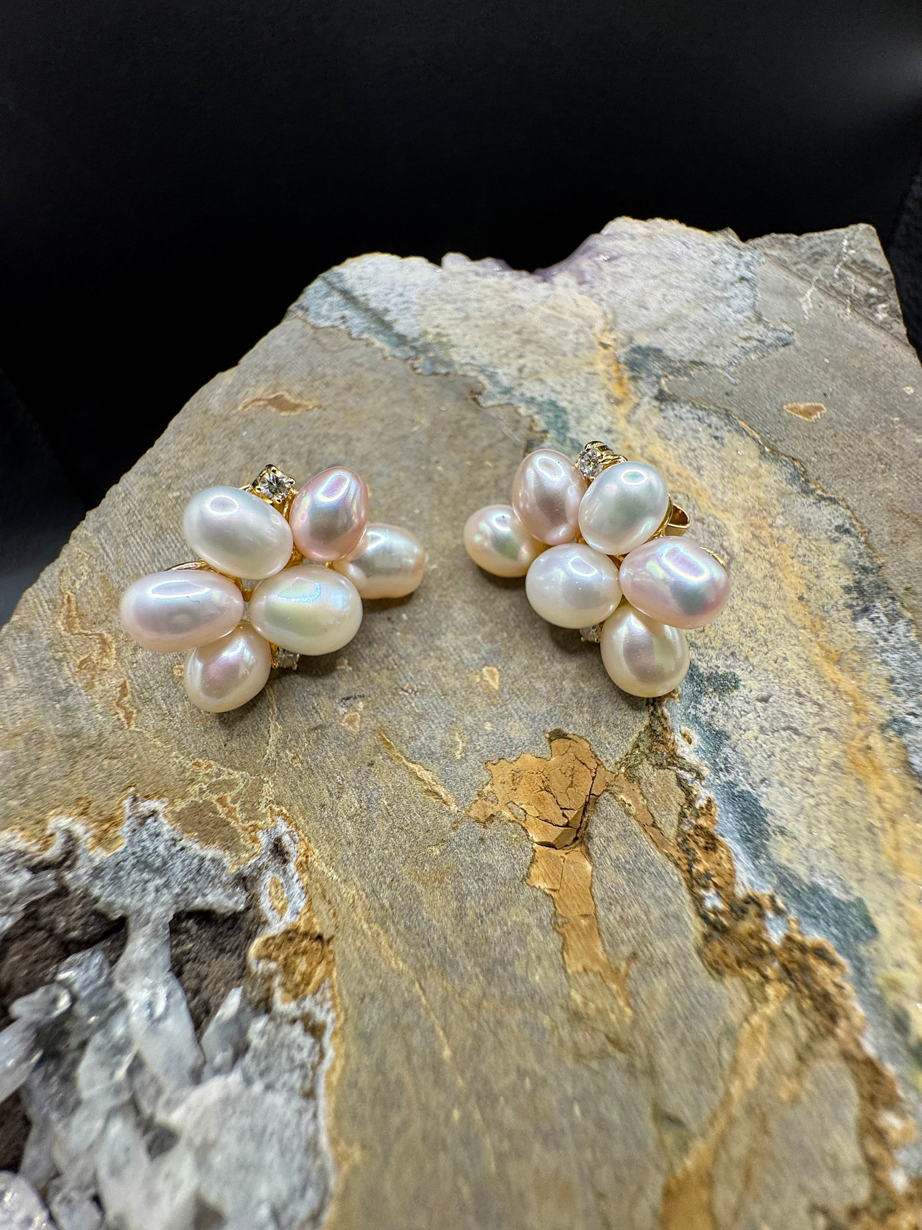 Handmade earrings in 14k yellow gold with freshwater pearls & brilliant-cut diamonds