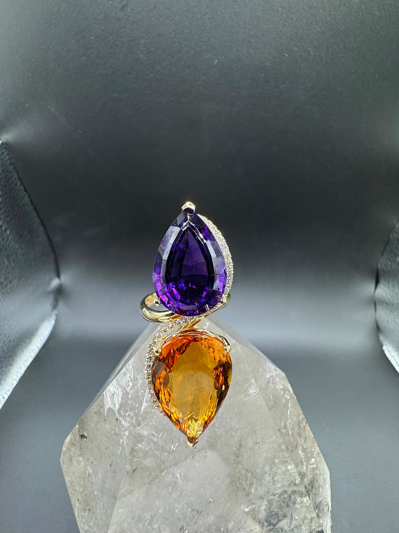Moderner Cocktailring in 14 Karat Gelbgold mit feinen Brillanten, Amethyst & Citrin