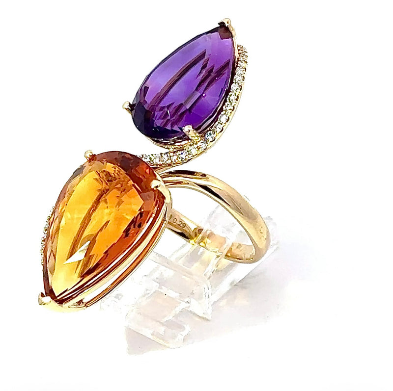 Moderner Cocktailring in 14 Karat Gelbgold mit feinen Brillanten, Amethyst & Citrin