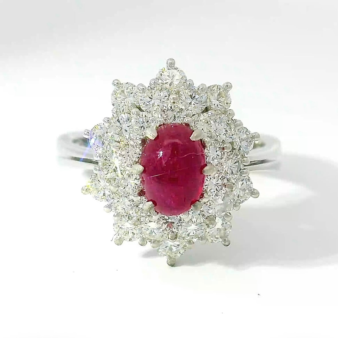 High-Quality Entourage Ring in 18 Karat White Gold with Ruby Cabochon & Brilliants