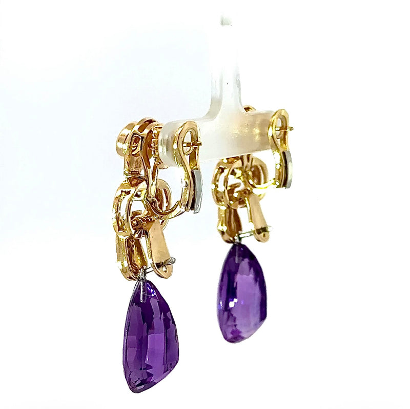 Wirkungsvolle Hängeohrringe in 18 Karat Gelbgold mit Brillanten, Citrin & Amethyst