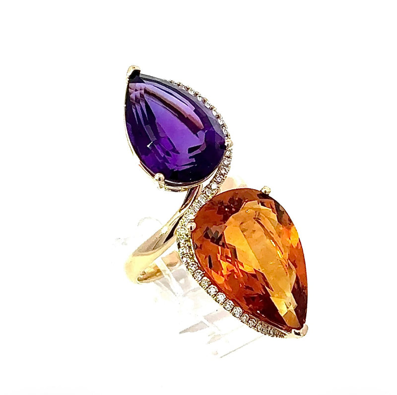 Moderner Cocktailring in 14 Karat Gelbgold mit feinen Brillanten, Amethyst & Citrin