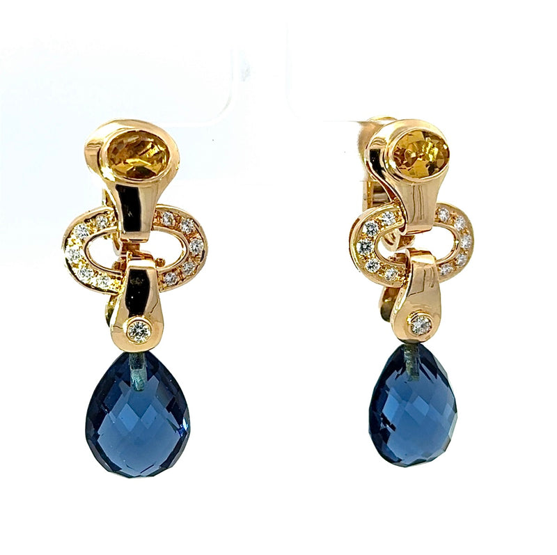 Wirkungsvolle Hängeohrringe in 18 Karat Gelbgold mit Brillanten, Citrin & Amethyst
