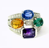 Cocktailring in 14 Karat Weißgold mit Saphir, Turmalin, Citrin, Amethyst & Brillanten