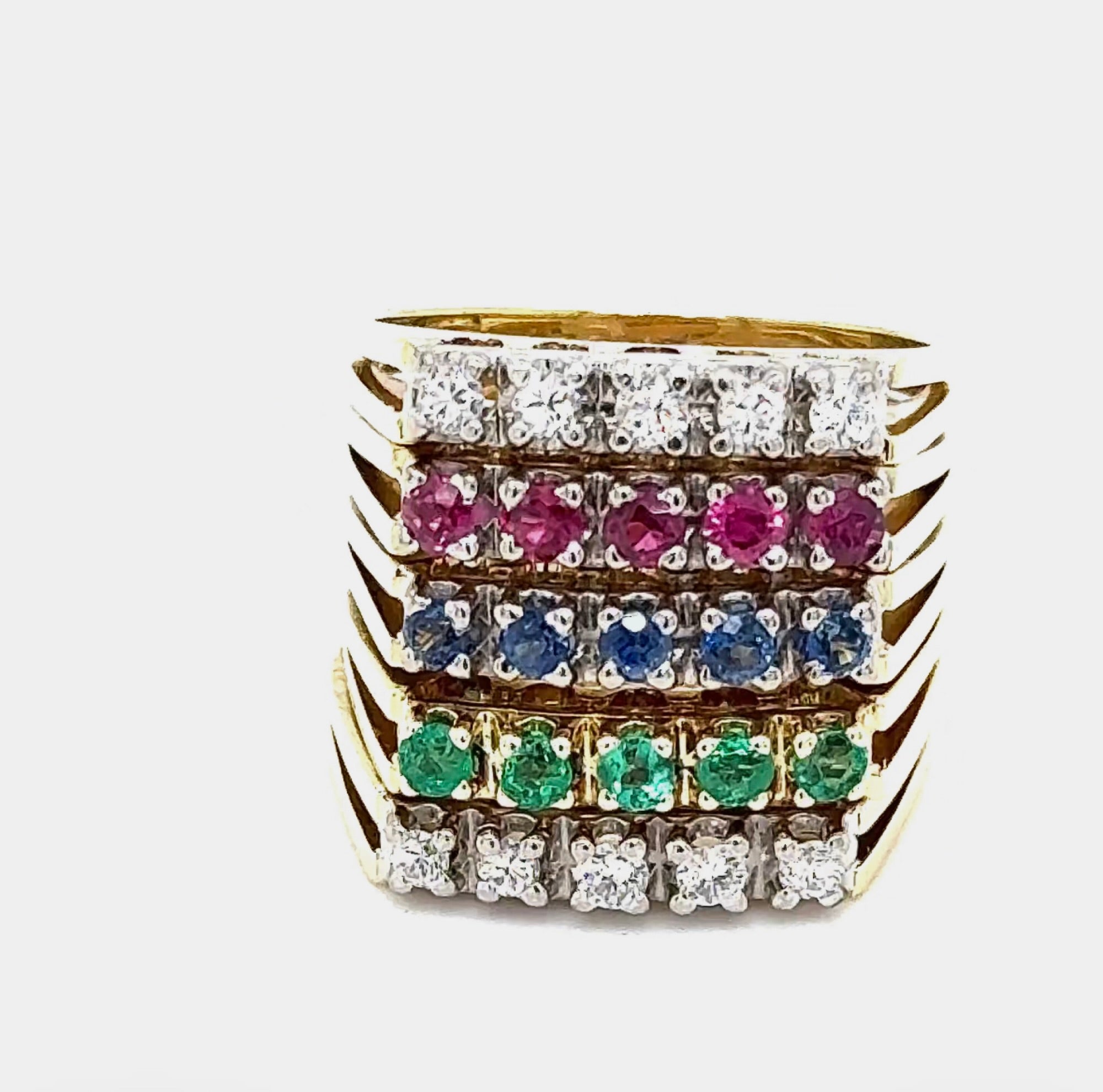 Breiter Halbmemory Ring in 14 Karat Gelbgold mit Saphir, Rubin, Smaragd & Brillanten
