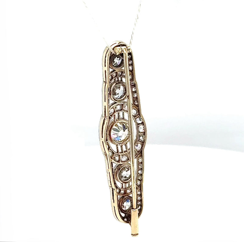 Eindrucksvolle Art-Deco Brosche in 14 Karat Gold mit großen Altschliff Diamanten