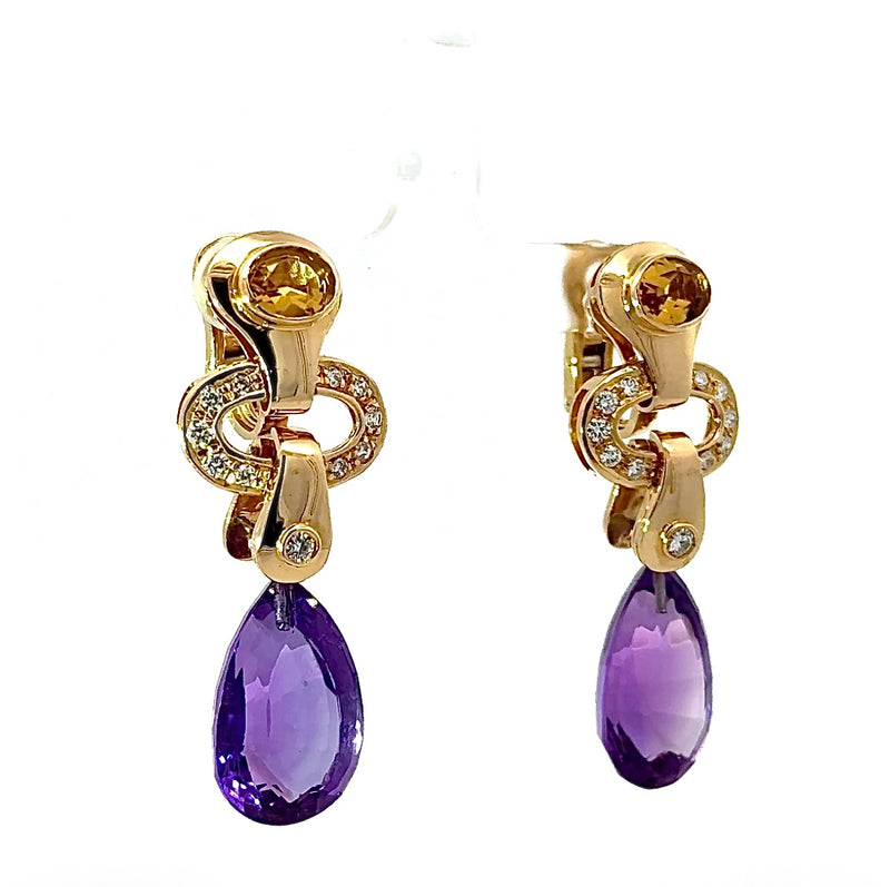 Wirkungsvolle Hängeohrringe in 18 Karat Gelbgold mit Brillanten, Citrin & Amethyst