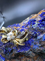 Vintage-Brosche in 14 Karat Gelbgold mit Diamanten und Perlen
