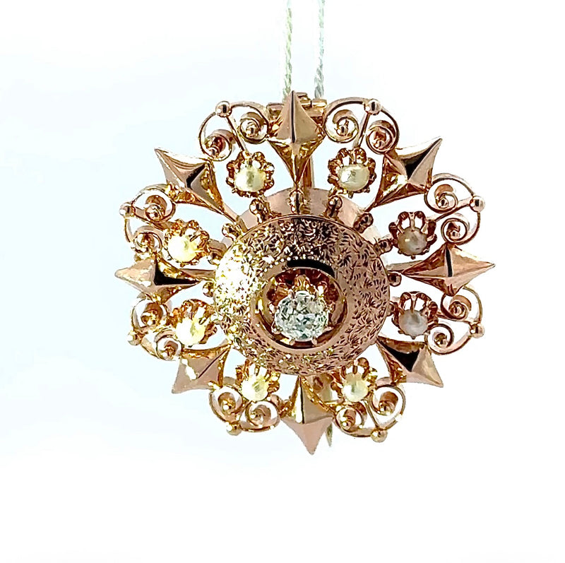 Art Déco Brosche in 14 Karat Roségold mit Altschliff-Diamant & Naturperlen