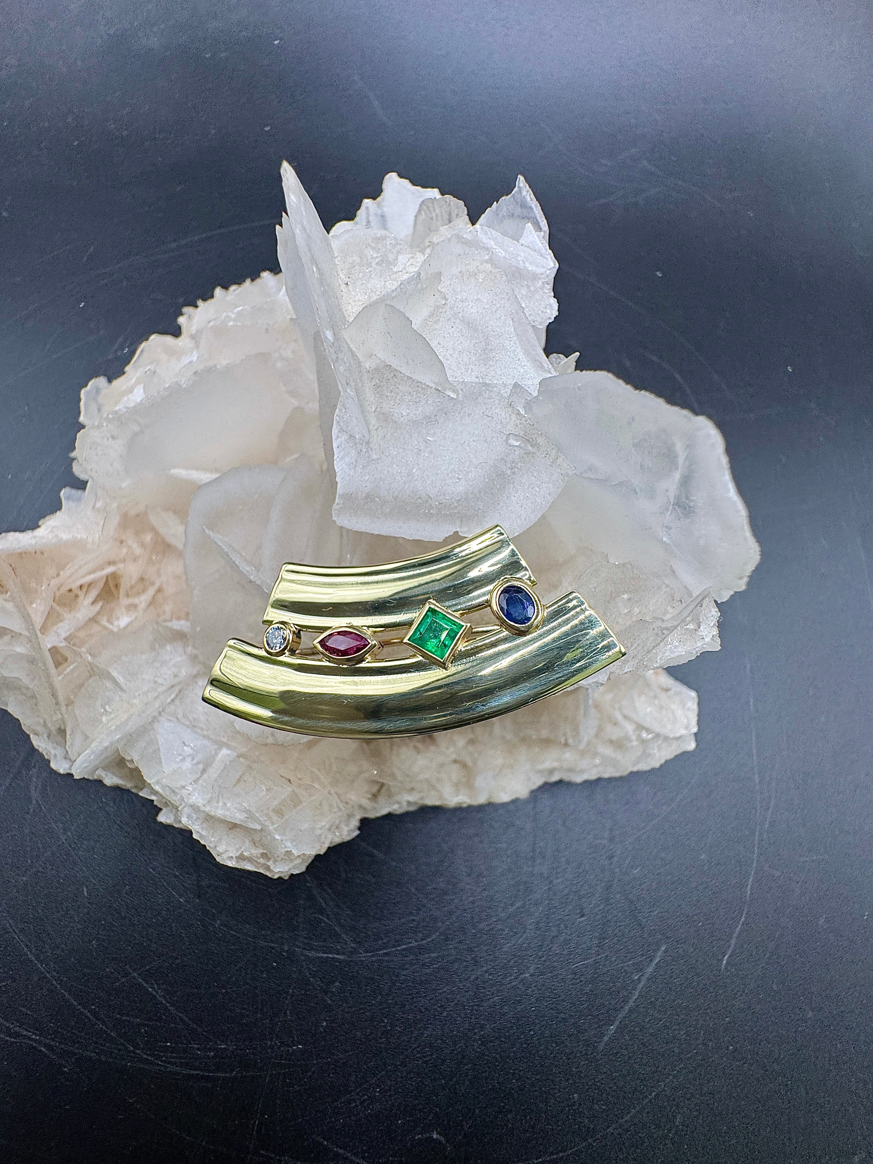 Stylish Fries Arauner Brooch & Pendant in 14 Karat Yellow Gold with Fine Gemstones & Brilliant-Cut Diamond
