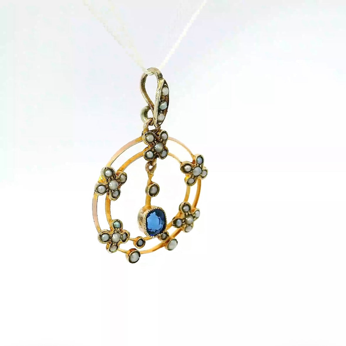 Antiker edwardianischer Anhänger in 14 Karat Roségold mit Saphir & Naturperlen