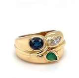 Massiver Ring in 18 Karat Gelbgold mit Smaragd, Saphir und Brillant