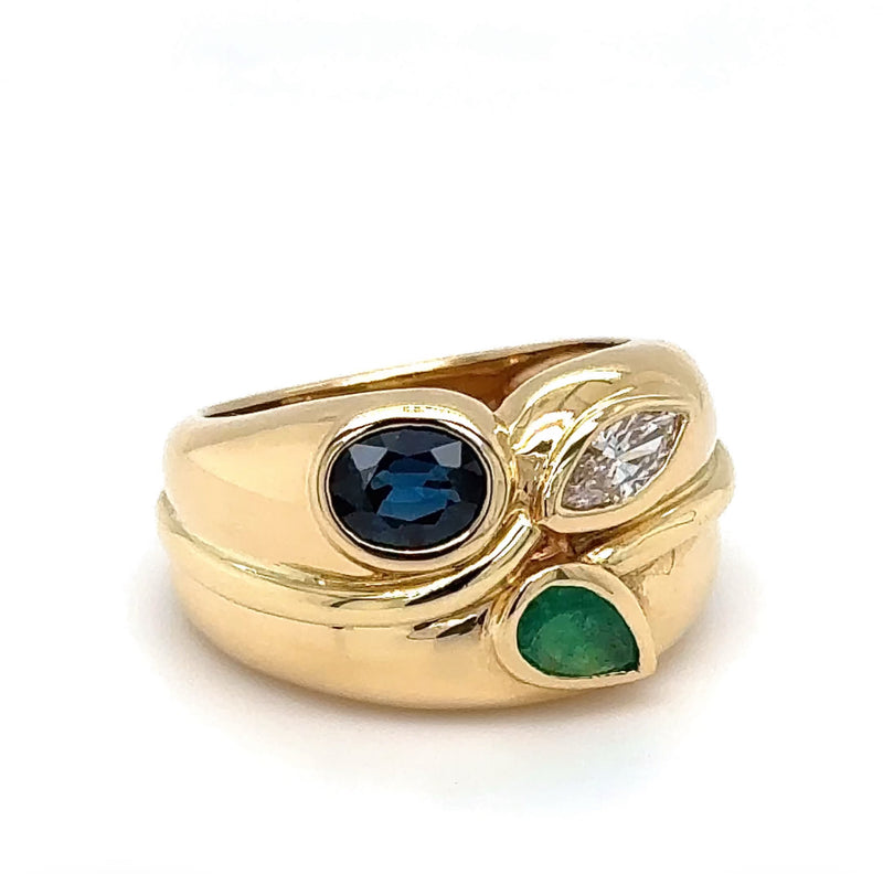 Massiver Ring in 18 Karat Gelbgold mit Smaragd, Saphir und Brillant