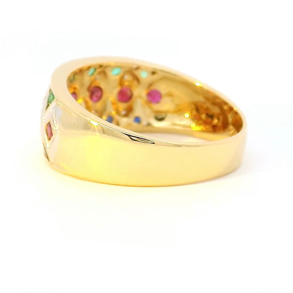 Ausgefallener Ring in 18 Karat Gelbgold mit Smaragd, Saphir, Rubin & Brillanten