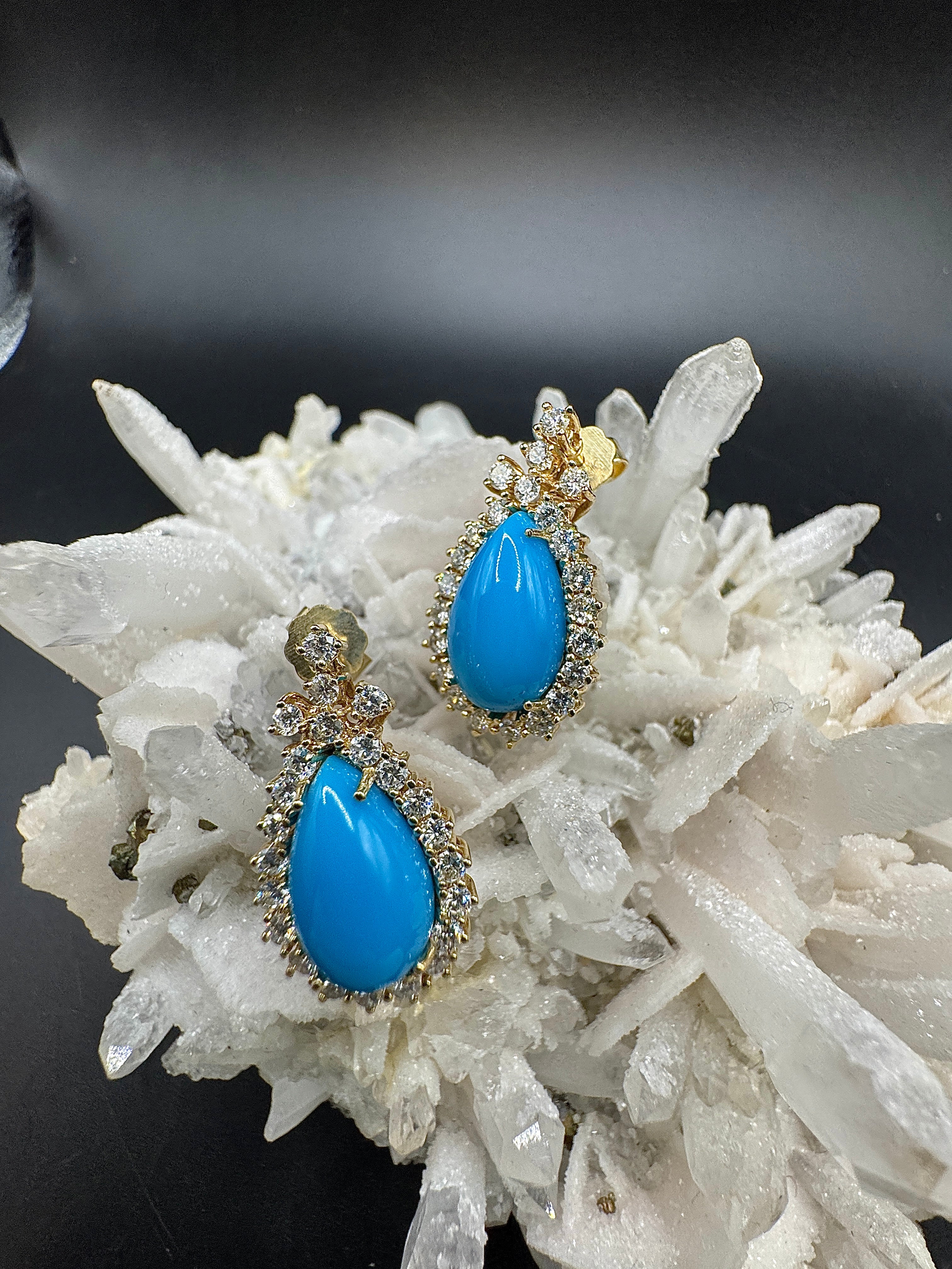 Statement Earrings in 14k Yellow Gold with Turquoise & Diamonds