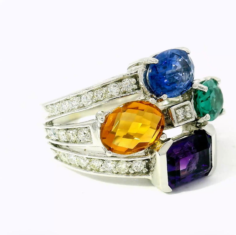 Cocktailring in 14 Karat Weißgold mit Saphir, Turmalin, Citrin, Amethyst & Brillanten