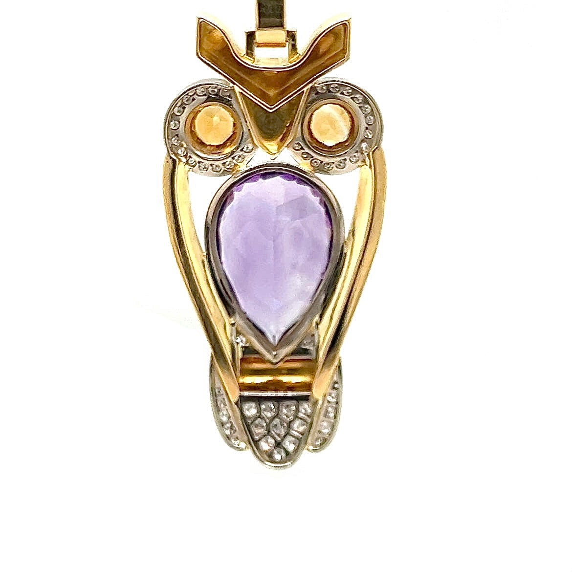 Fancy owl in 14 carat yellow and white gold with amethyst, citrine and diamonds