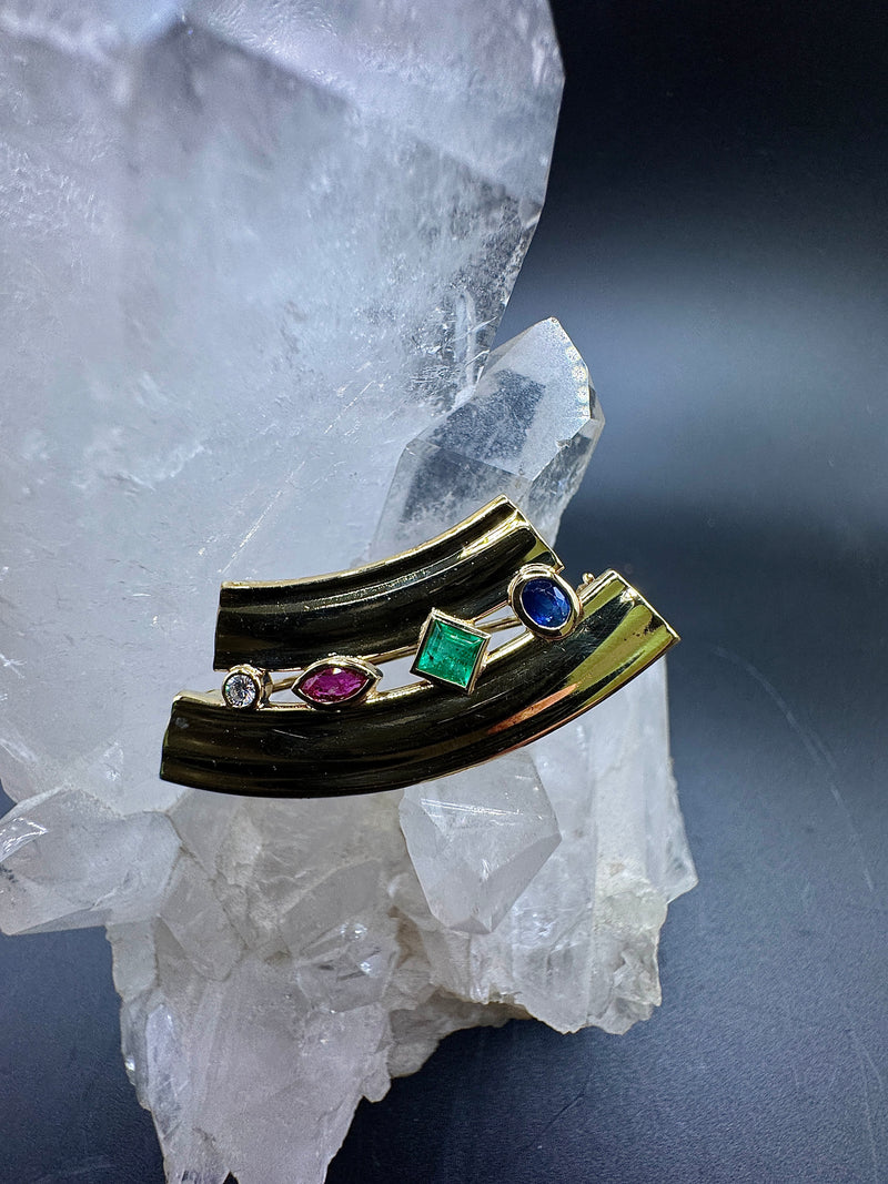 Stilvolle Fries Arauner Brosche & Anhänger in 14 Karat Gelbgold mit feinen Edelsteinen & Brillant | Anhänger - Schmuck Schroll