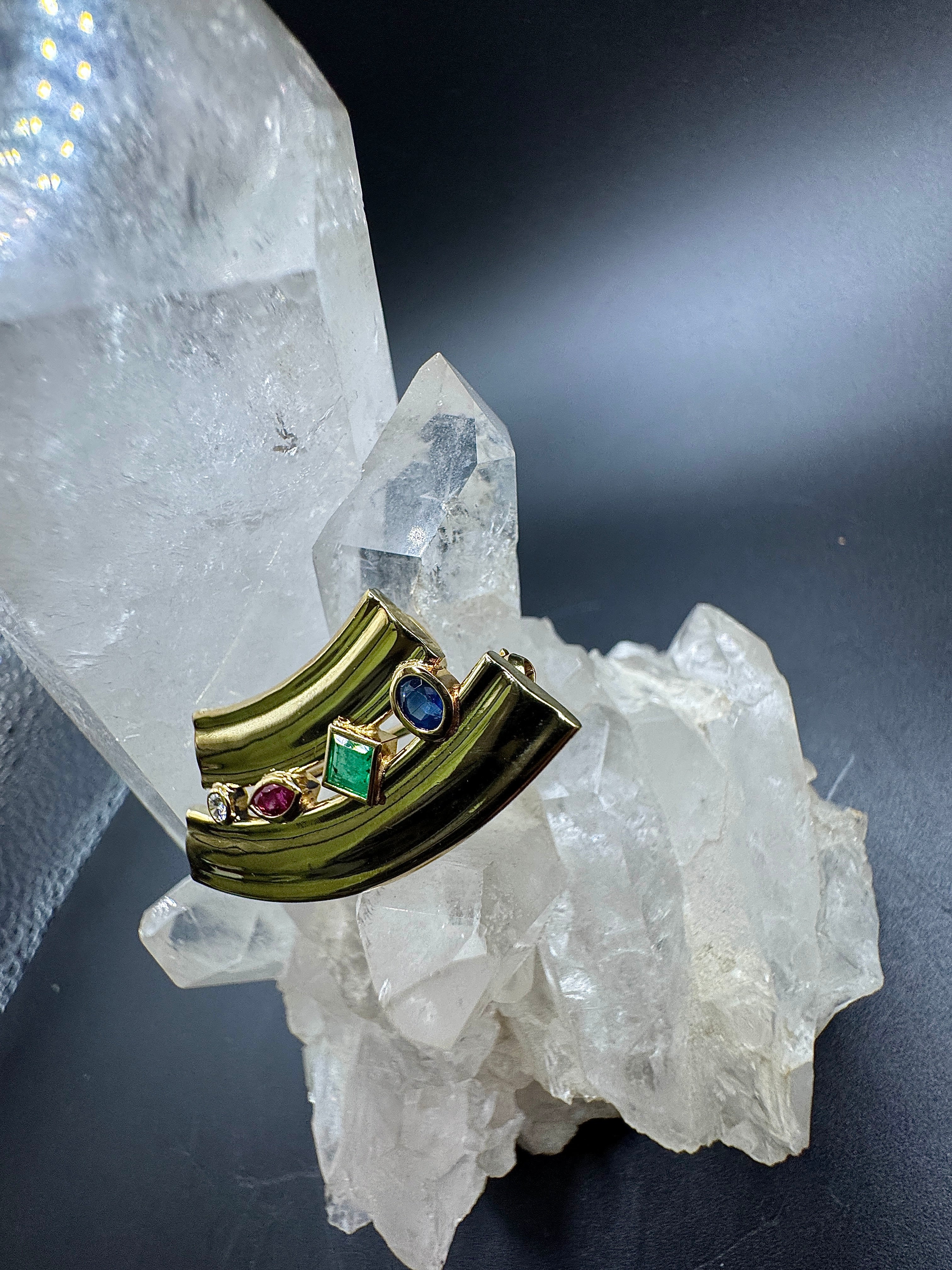 Stilvolle Fries Arauner Brosche & Anhänger in 14 Karat Gelbgold mit feinen Edelsteinen & Brillant