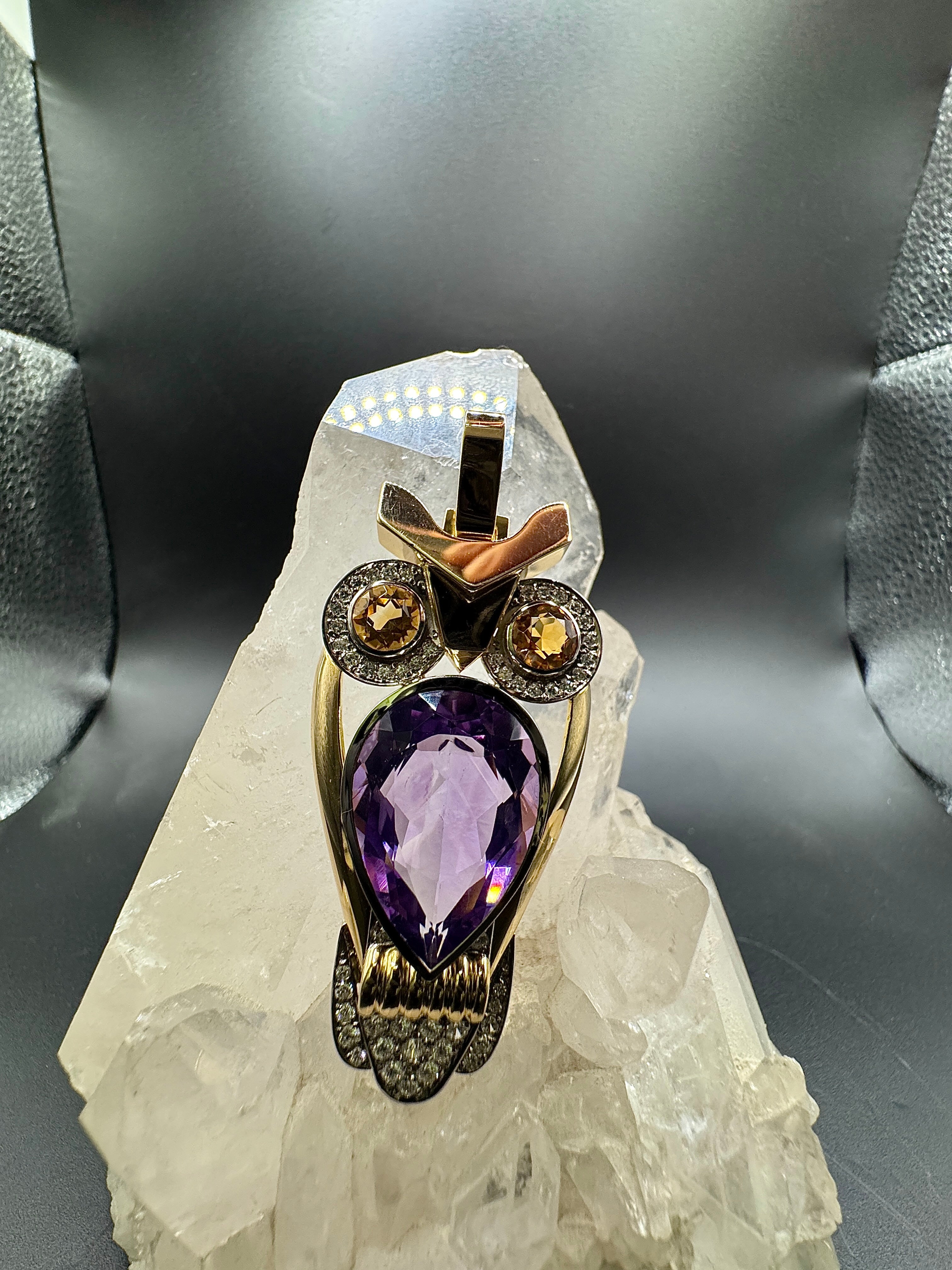 Fancy owl in 14 carat yellow and white gold with amethyst, citrine and diamonds