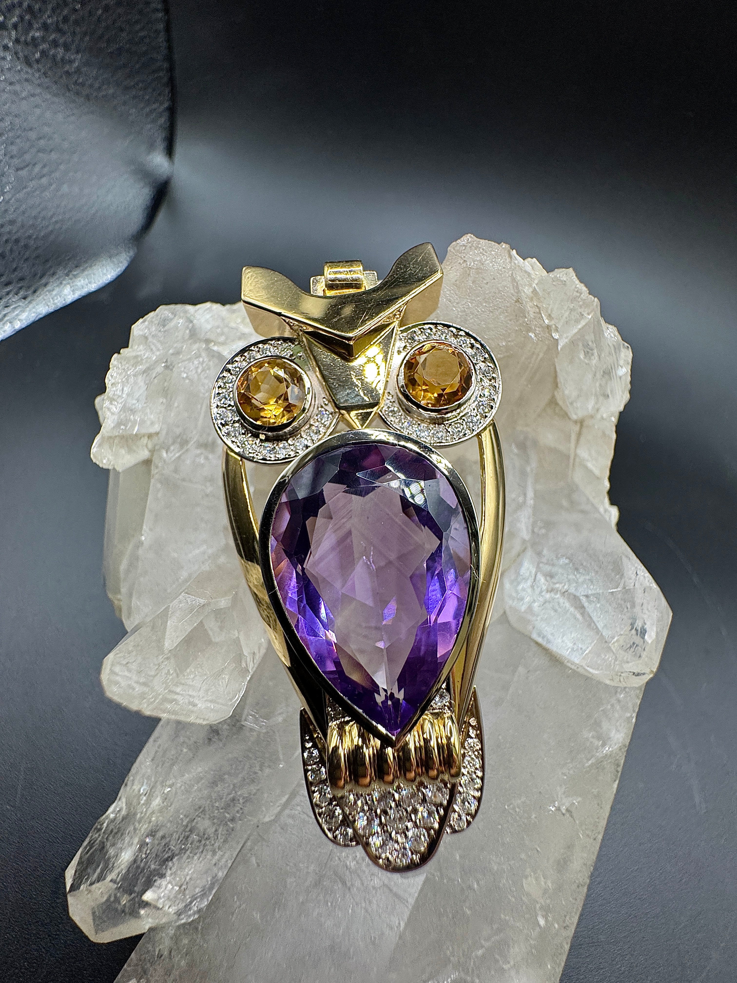 Fancy owl in 14 carat yellow and white gold with amethyst, citrine and diamonds
