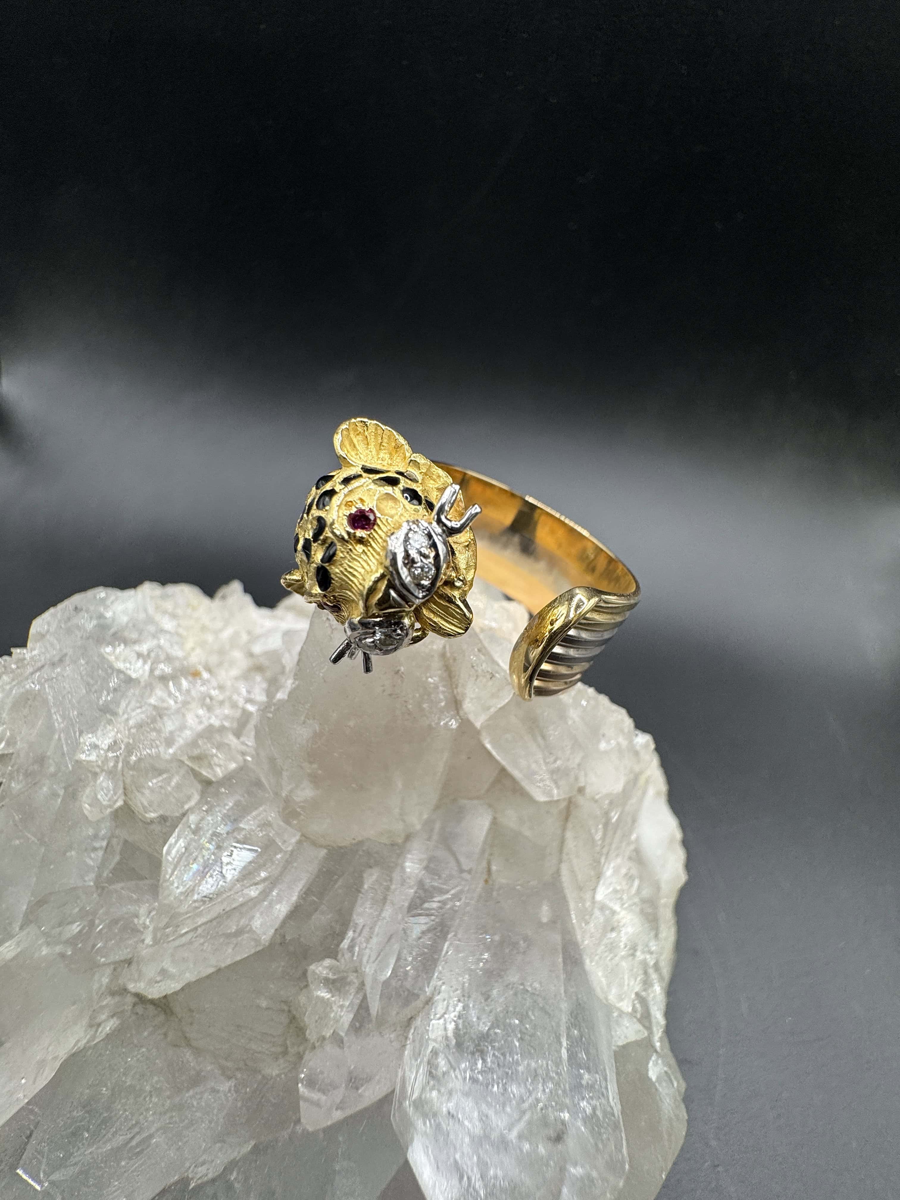 Leuchtender tricolor Ring in 18 Karat Gold mit Rubinen und Brillanten