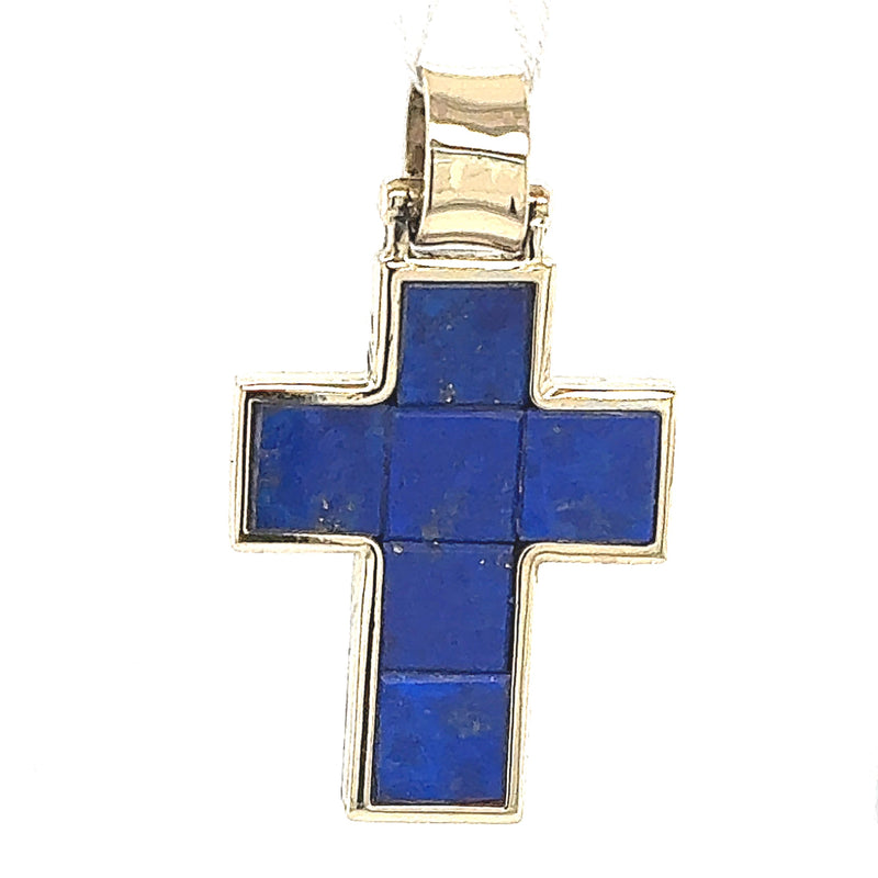 Solid cross in 18 carat yellow gold with fine lapis lazuli - handcrafted