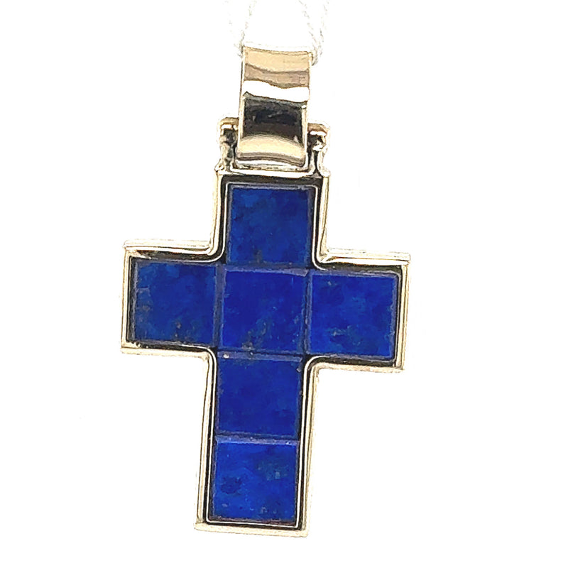 Massives Kreuz in 18 Karat Gelbgold mit feinen Lapis-Lazuli - Handarbeit