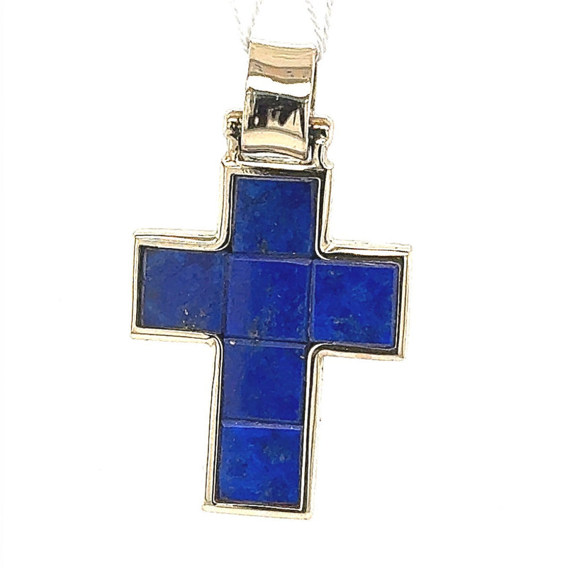 Solid cross in 18 carat yellow gold with fine lapis lazuli - handcrafted