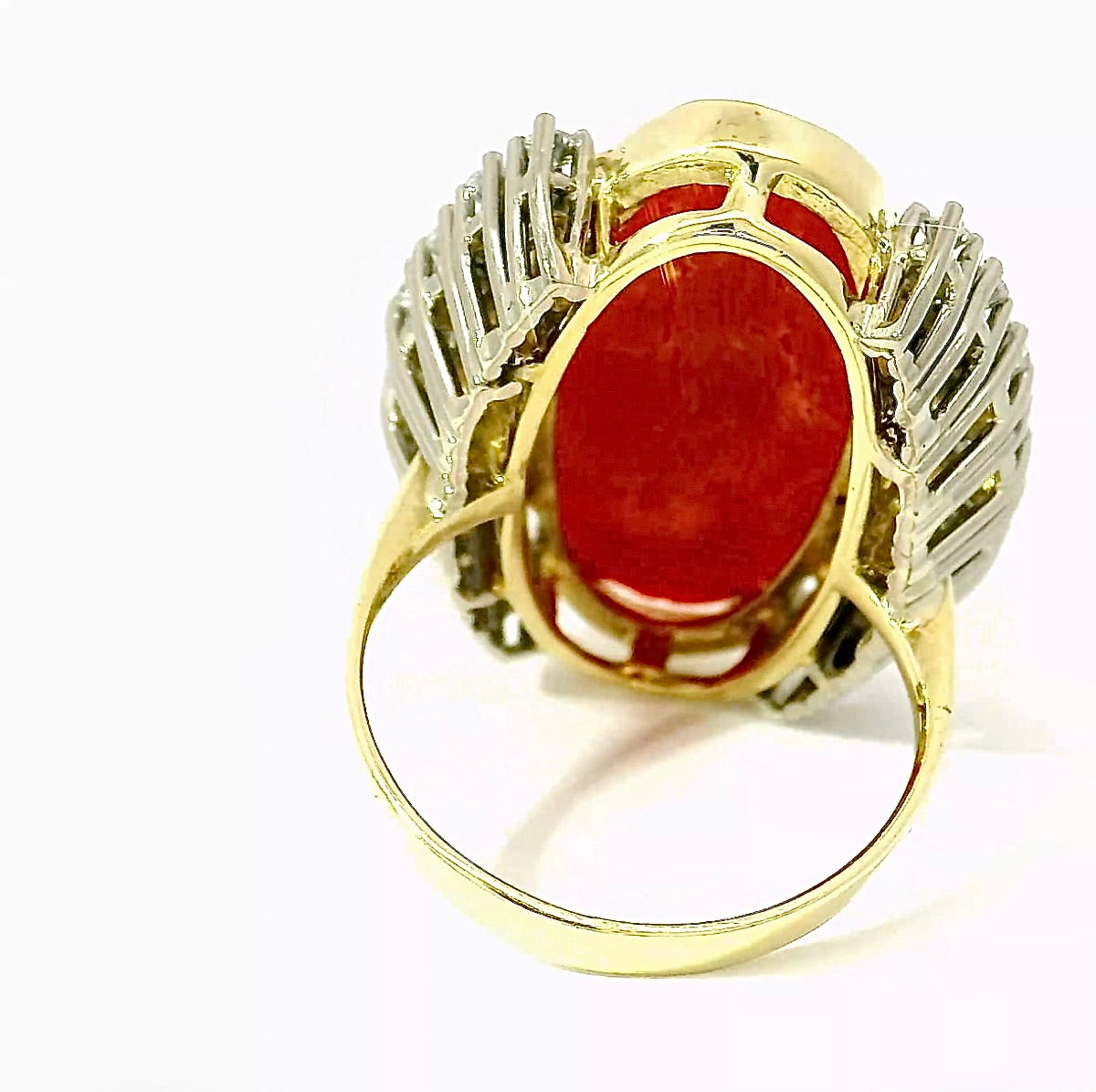 Extravagant cocktail ring in 14k yellow and white gold with fiery red coral and brilliant-cut diamonds